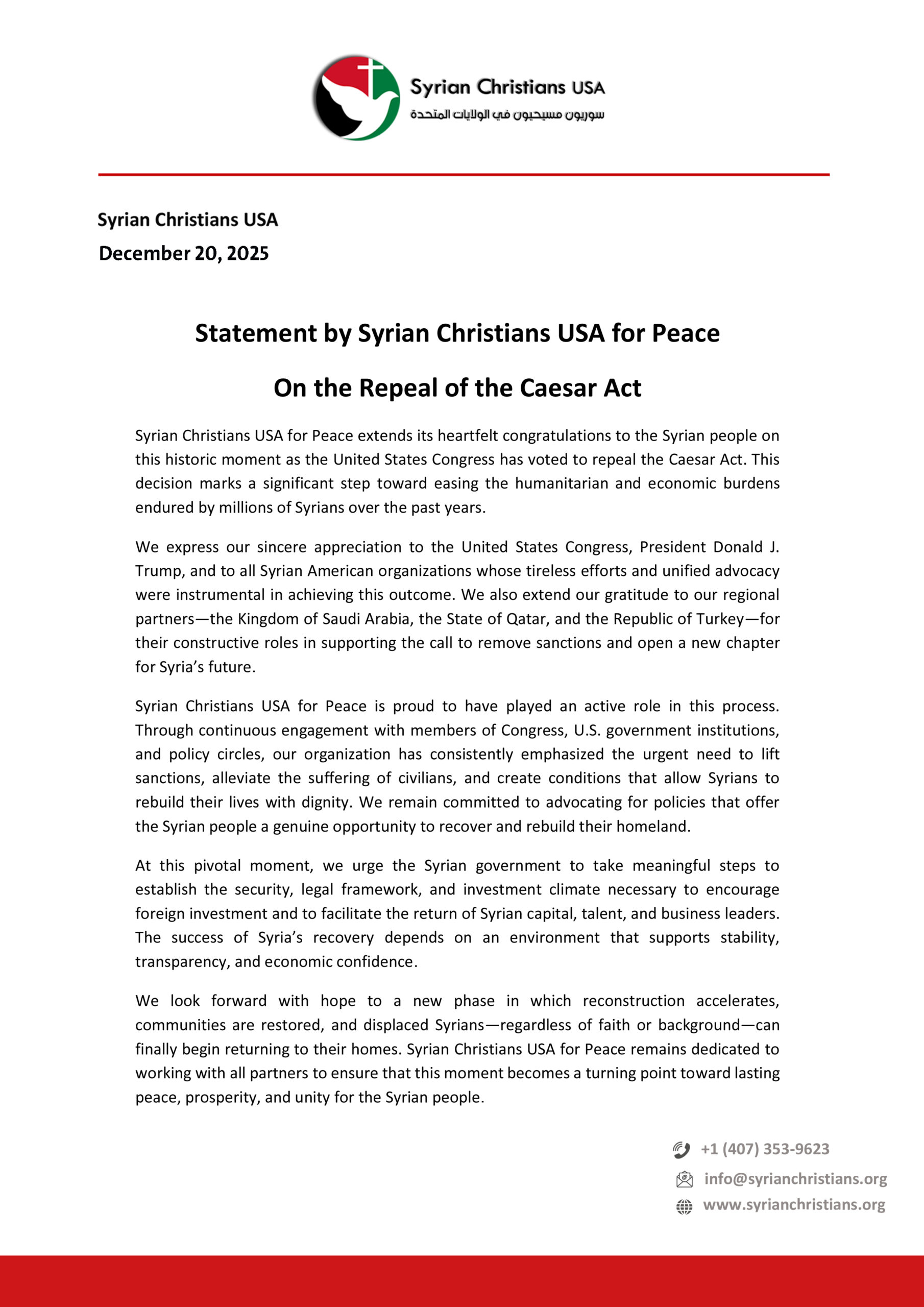 Statement by Syrian Christians USA for Peace On the Repeal of the Caesar Act